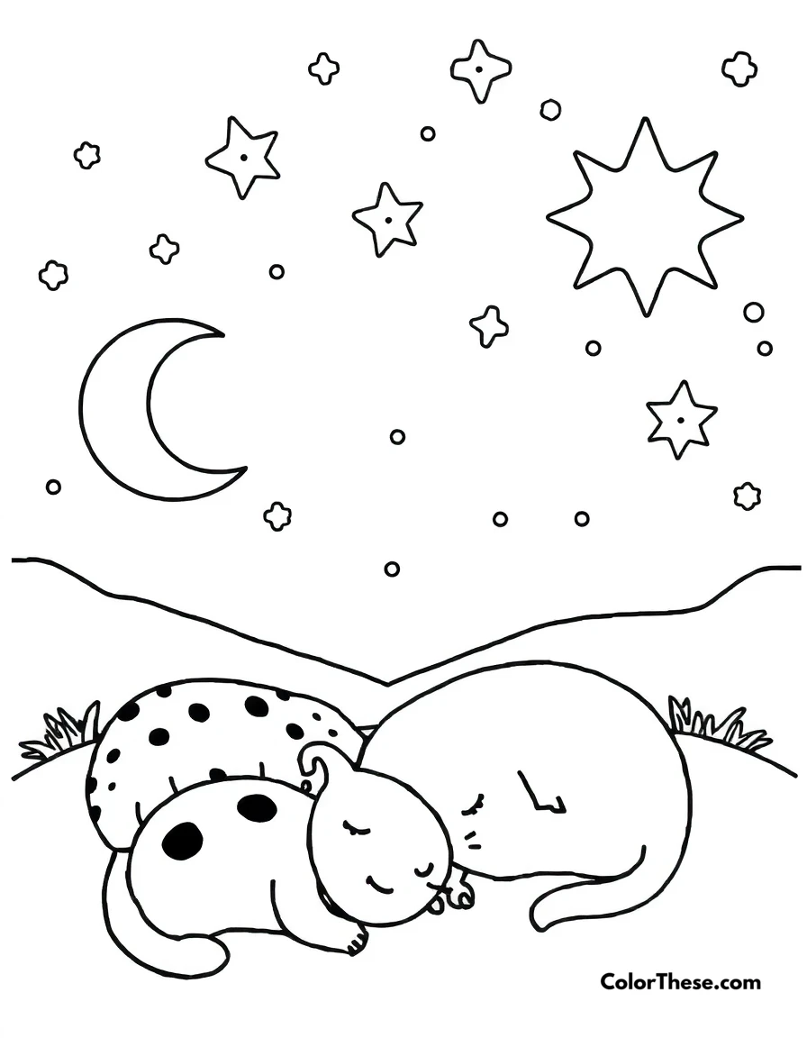 Free printable sweet dreams coloring page for kids and adults. Adorable sleeping creatures under a starry sky.