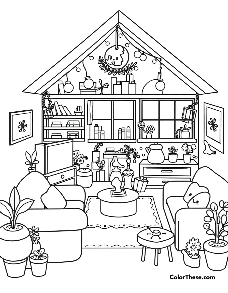 Free printable sweet home coloring page for kids and adults. A cozy house filled with kawaii furniture and decorations.