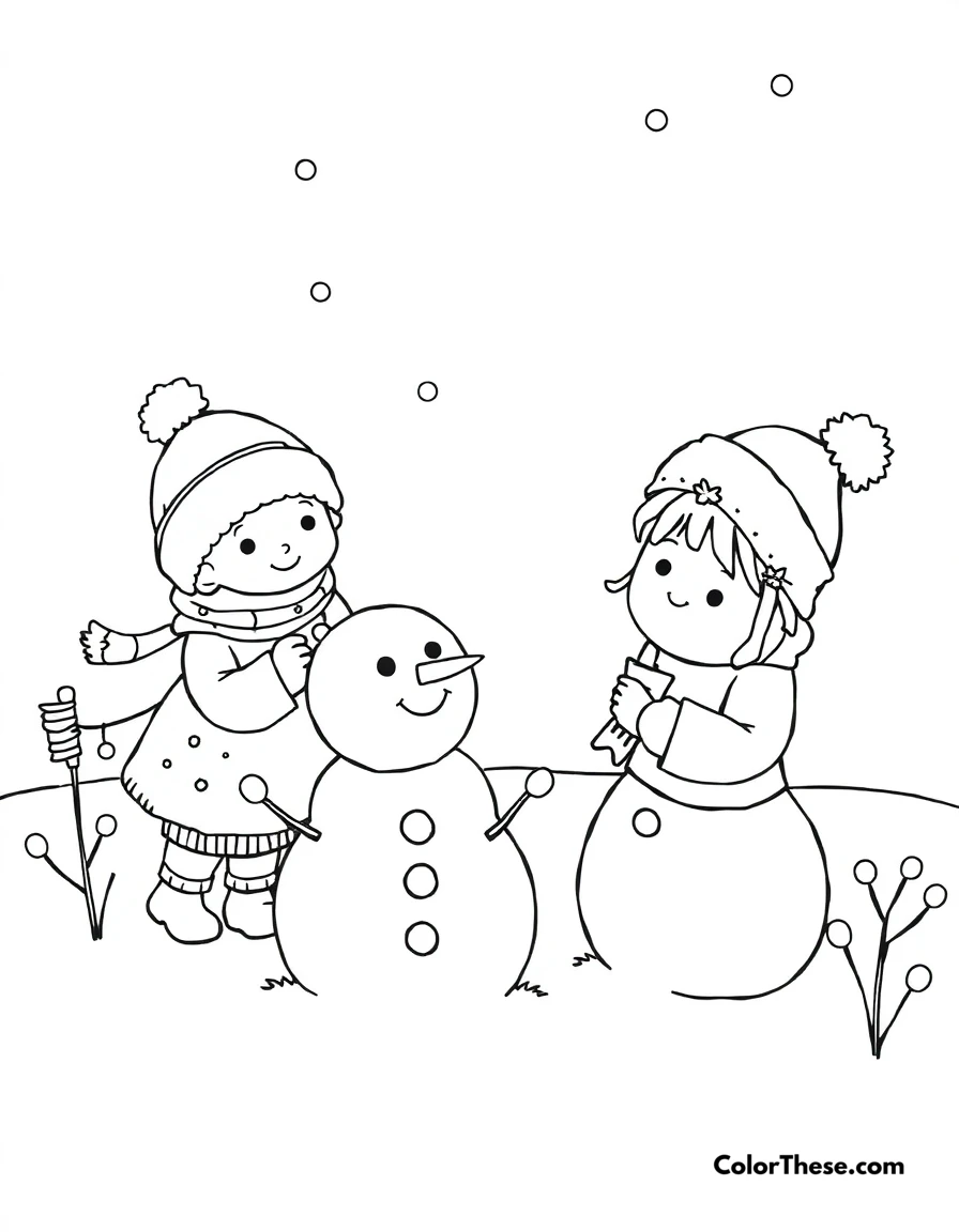 Free printable winter wonderland coloring page for kids and adults. Sweet characters playing in the snow and making snowmen.