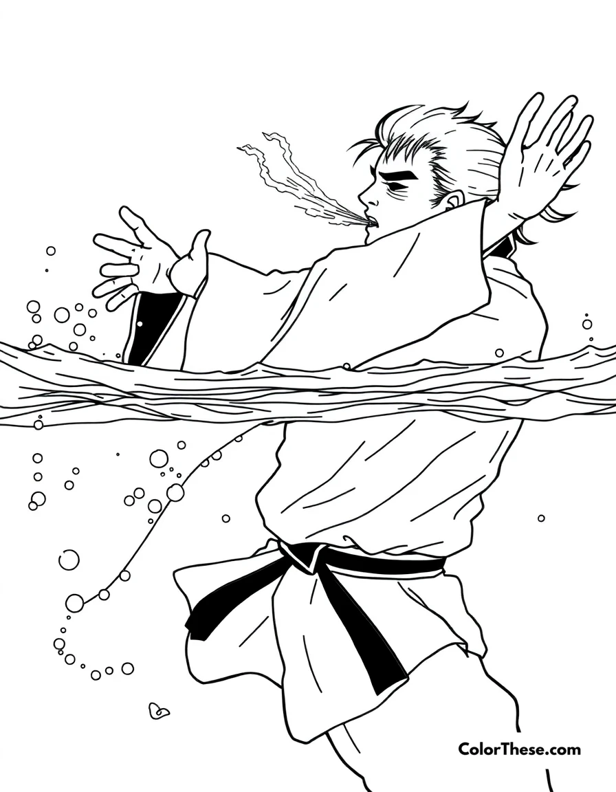 Free printable giyu's water breathing coloring page for kids and adults. Giyu Tomioka executing precise Water Breathing techniques.