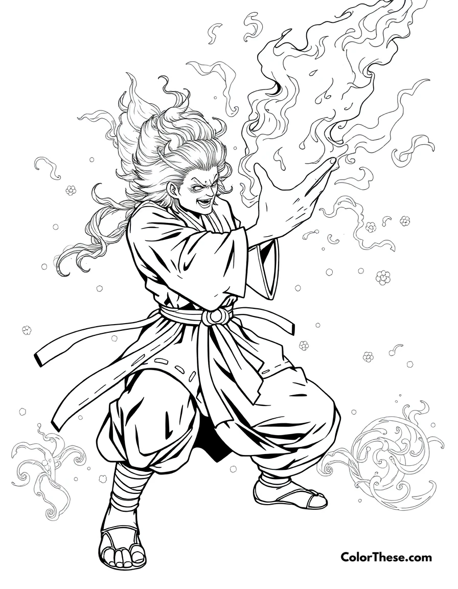 Free printable rengoku's flame breathing coloring page for kids and adults. Kyojuro Rengoku demonstrating the power of Flame Breathing.