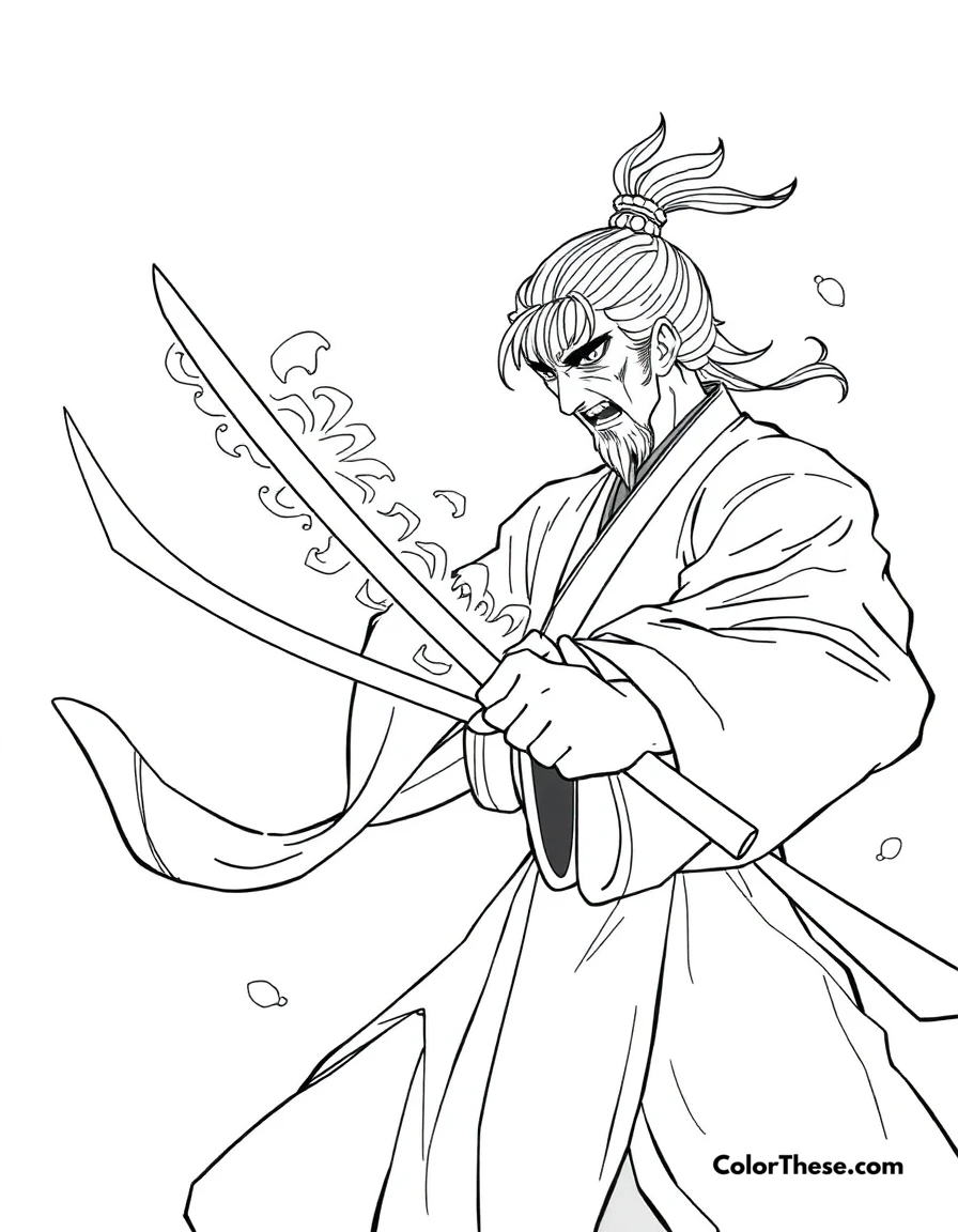 Free printable tengen's sound breathing coloring page for kids and adults. Tengen Uzui demonstrating Sound Breathing with his dual blades.