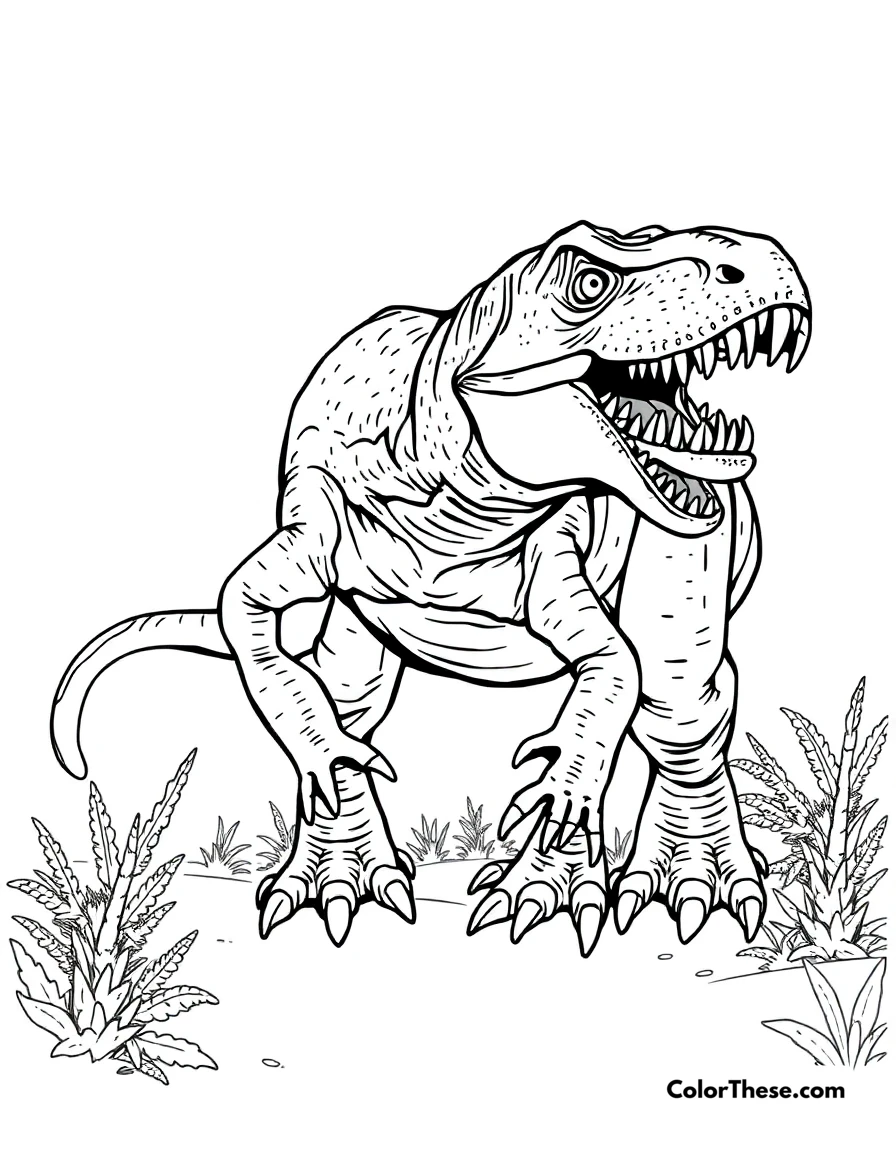 Free printable fierce allosaurus coloring page for kids and adults. An Allosaurus showing its powerful hunting abilities.