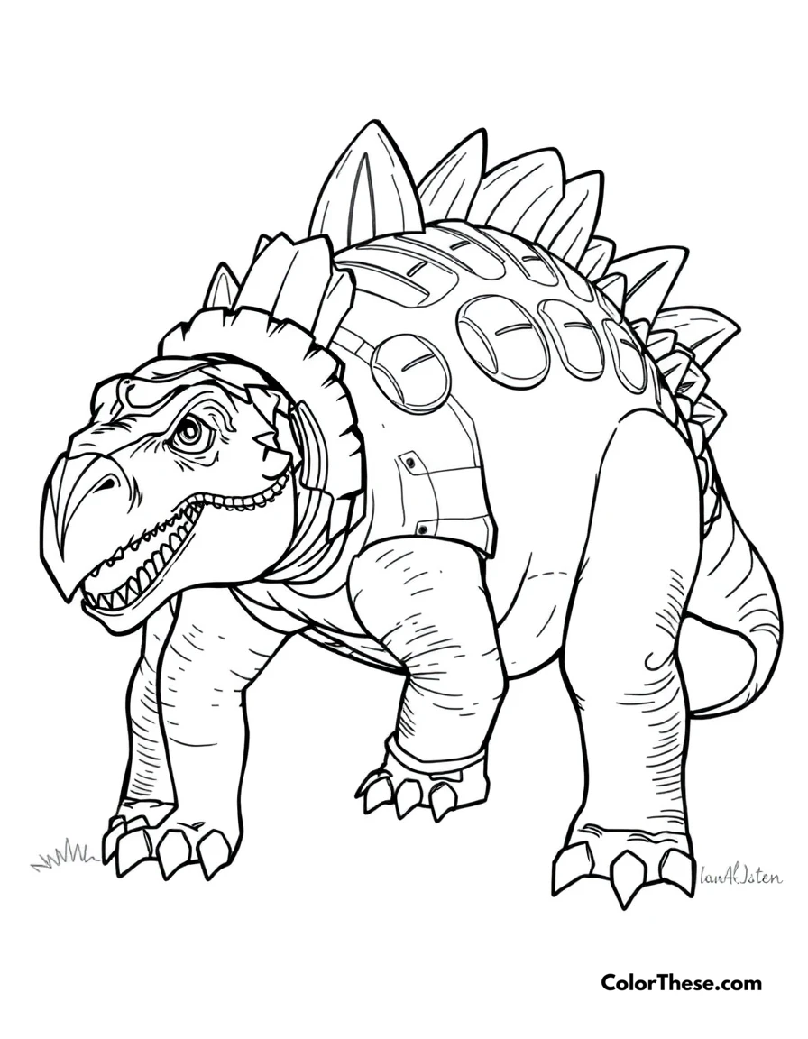 Free printable armored ankylosaurus coloring page for kids and adults. A heavily armored Ankylosaurus with its powerful tail club.
