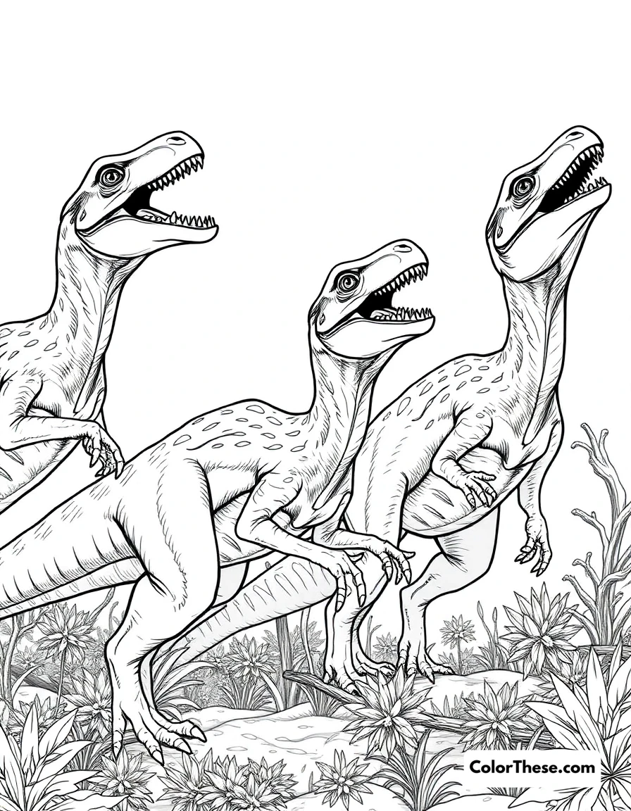 Free printable pack hunting deinonychus coloring page for kids and adults. A group of Deinonychus showing their pack hunting behavior.