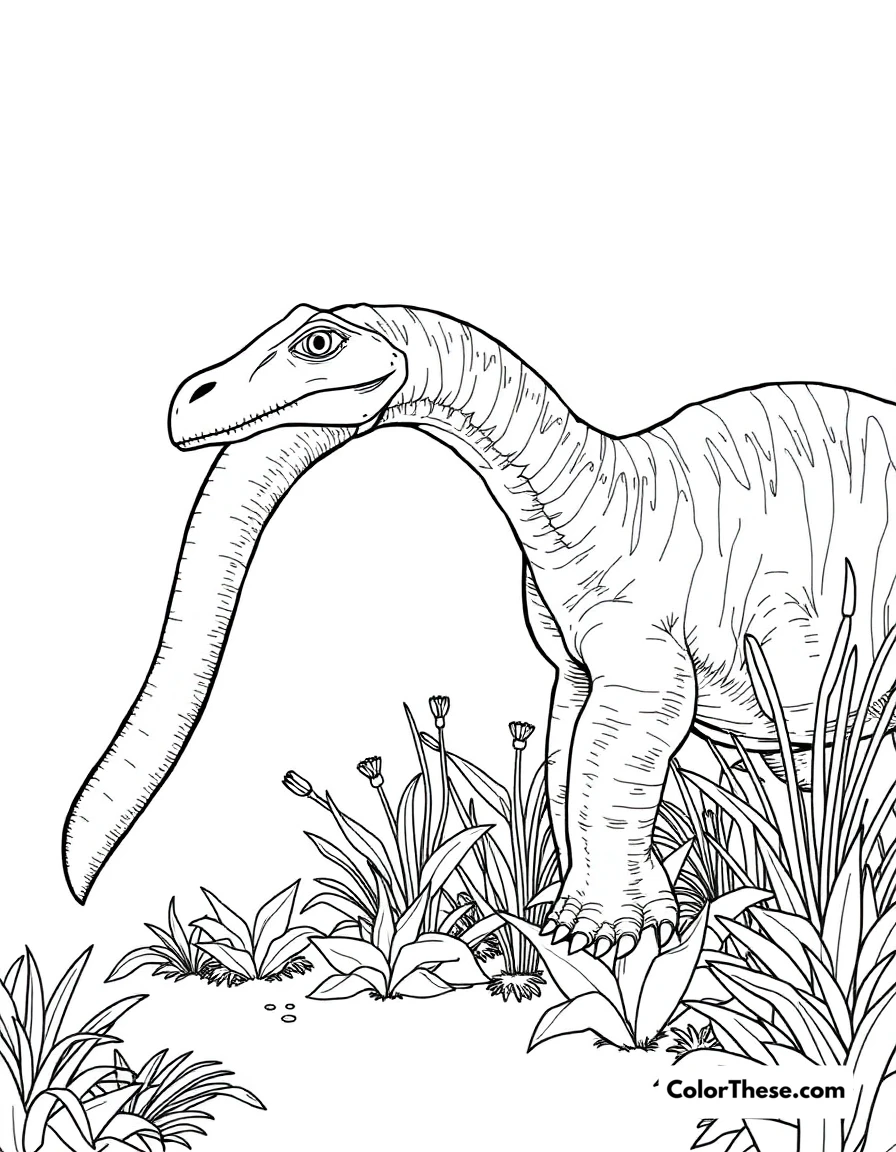 Free printable plated diplodocus coloring page for kids and adults. A long-necked Diplodocus grazing on prehistoric plants.