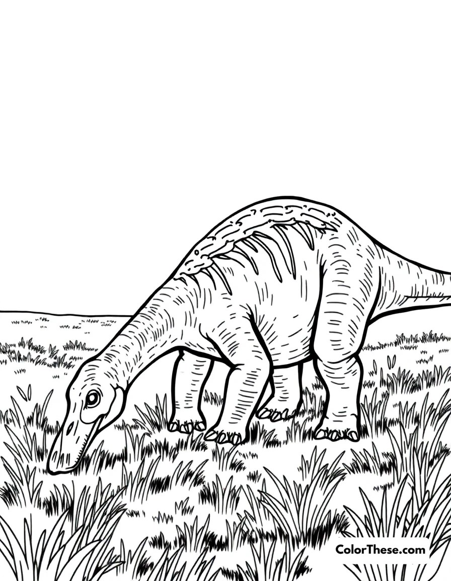 Free printable plated edmontosaurus coloring page for kids and adults. A duck-billed Edmontosaurus grazing in a prehistoric field.