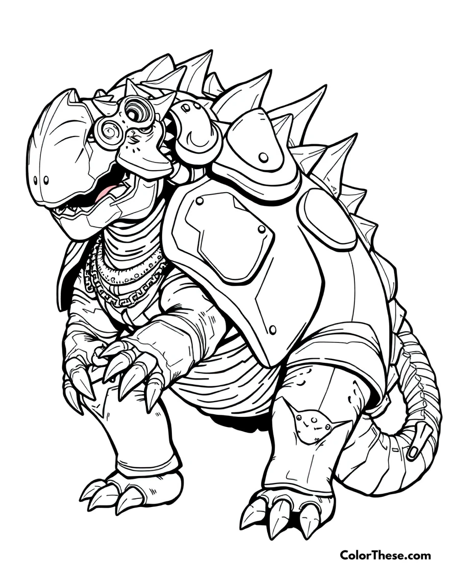 Free printable armored euoplocephalus coloring page for kids and adults. A heavily armored Euoplocephalus with its powerful club tail.