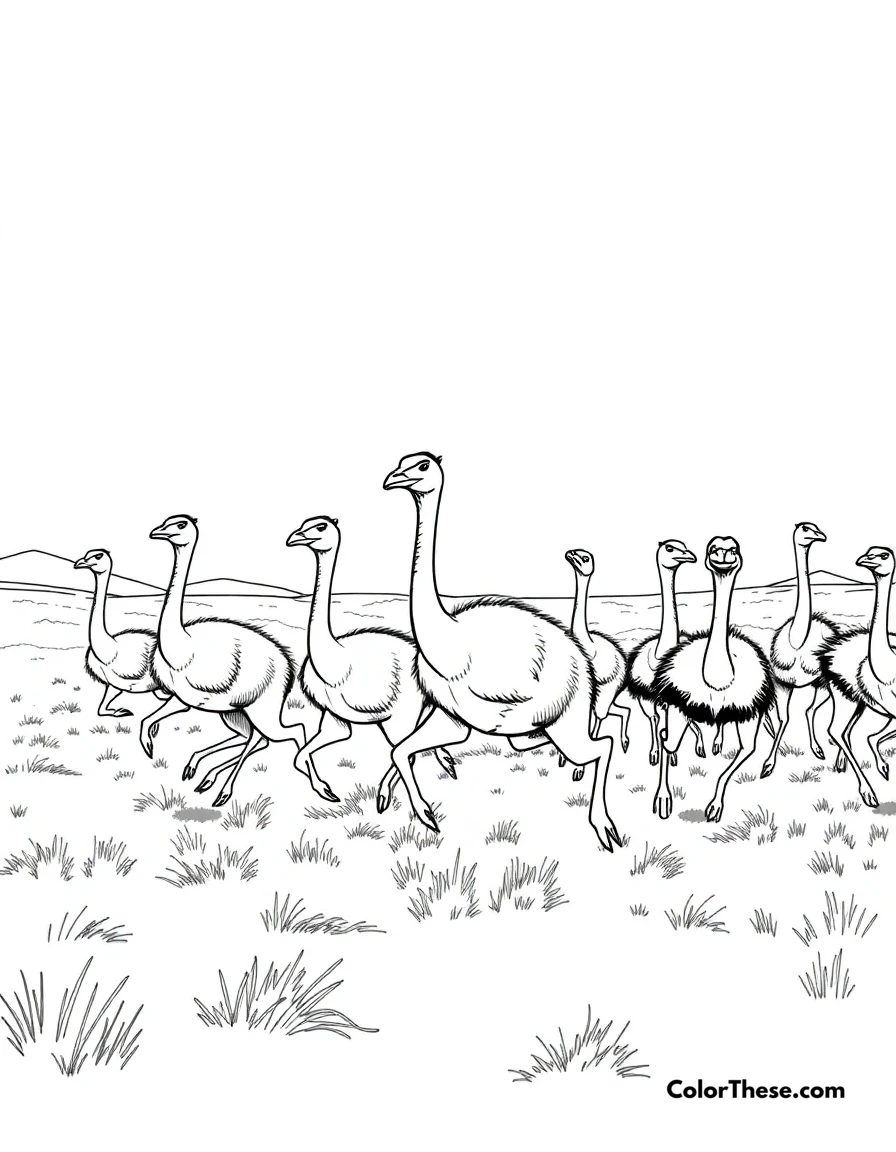 Free printable swift gallimimus coloring page for kids and adults. A herd of swift Gallimimus running across the plains.