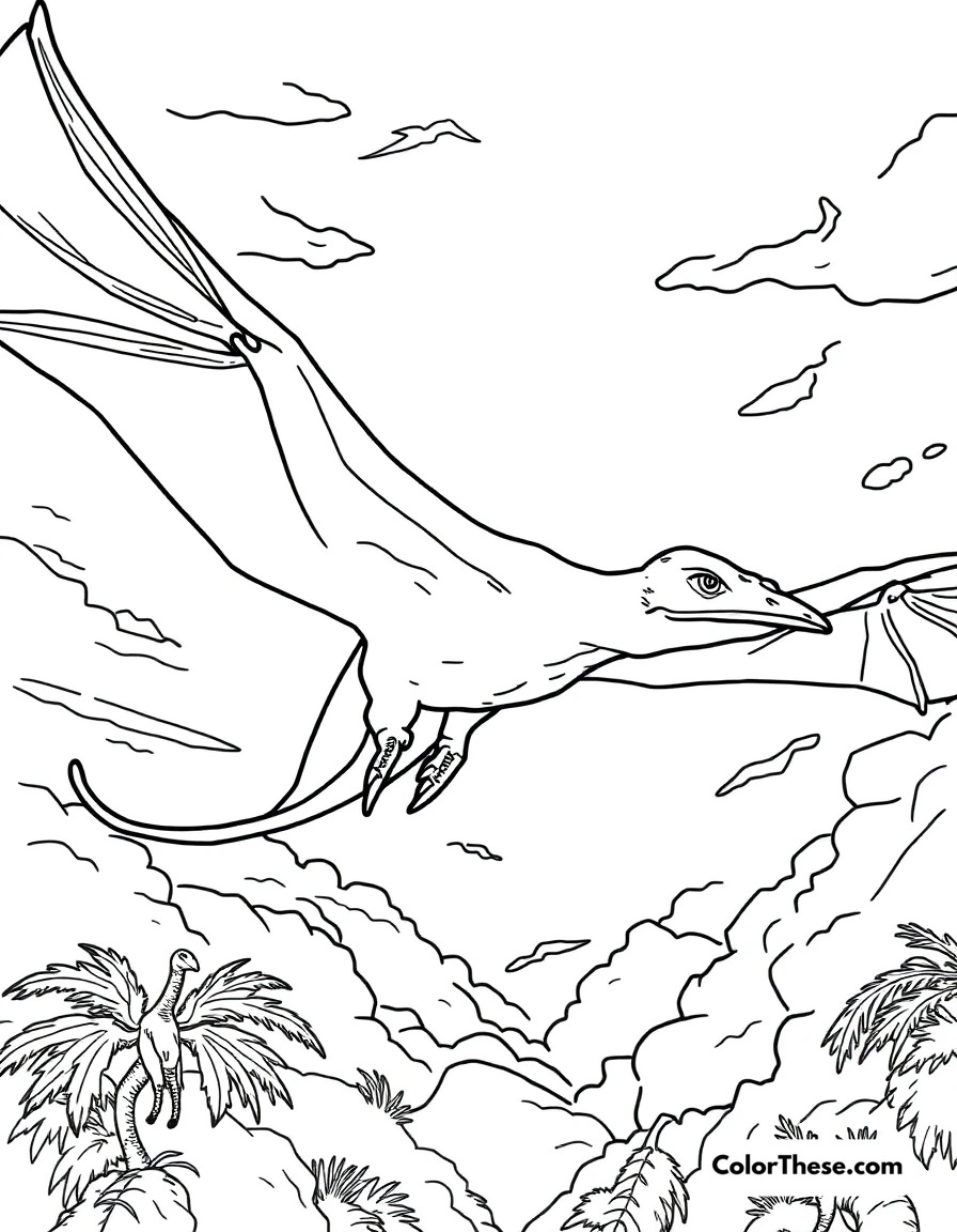 Free printable flying pterodactyl coloring page for kids and adults. A Pterodactyl soaring through prehistoric skies.
