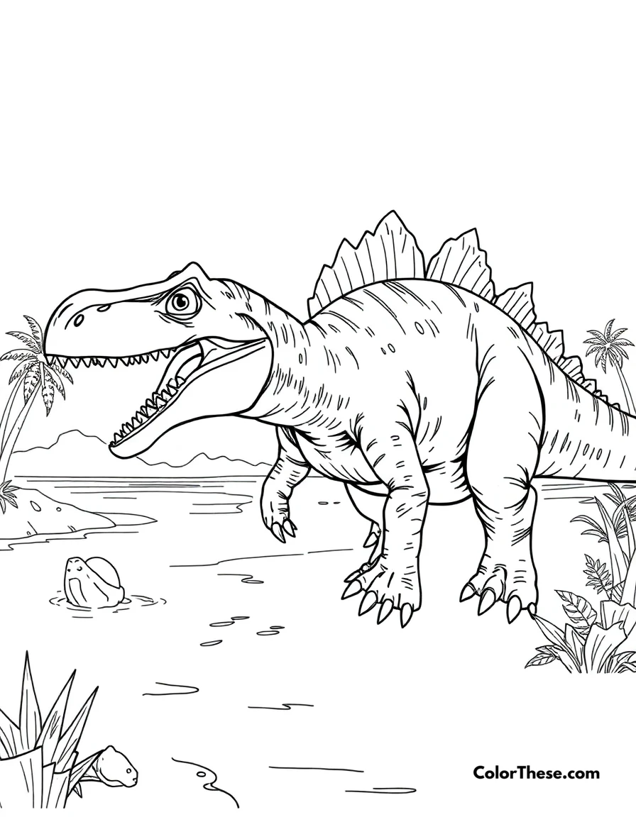 Free printable spiny spinosaurus coloring page for kids and adults. A massive Spinosaurus hunting near prehistoric waters.