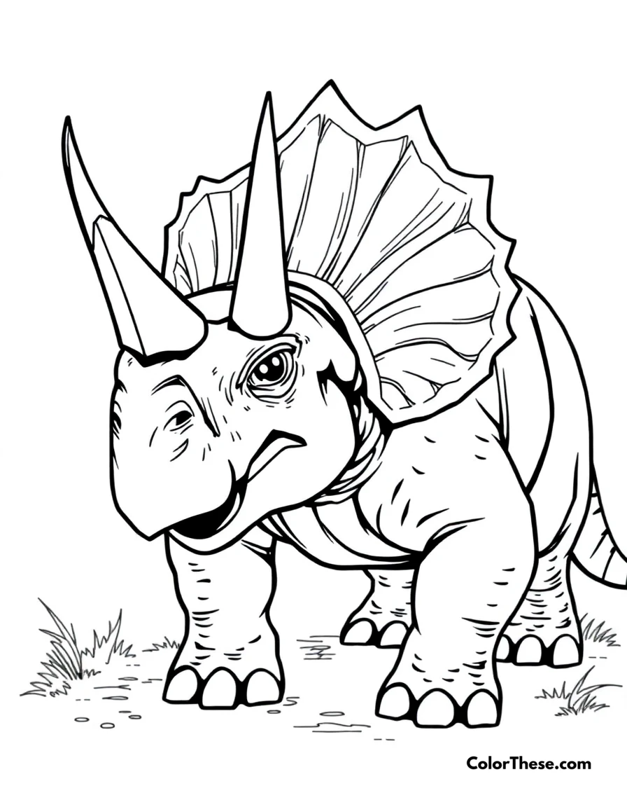 Free printable horned triceratops coloring page for kids and adults. A powerful Triceratops showing its three-horned defense.