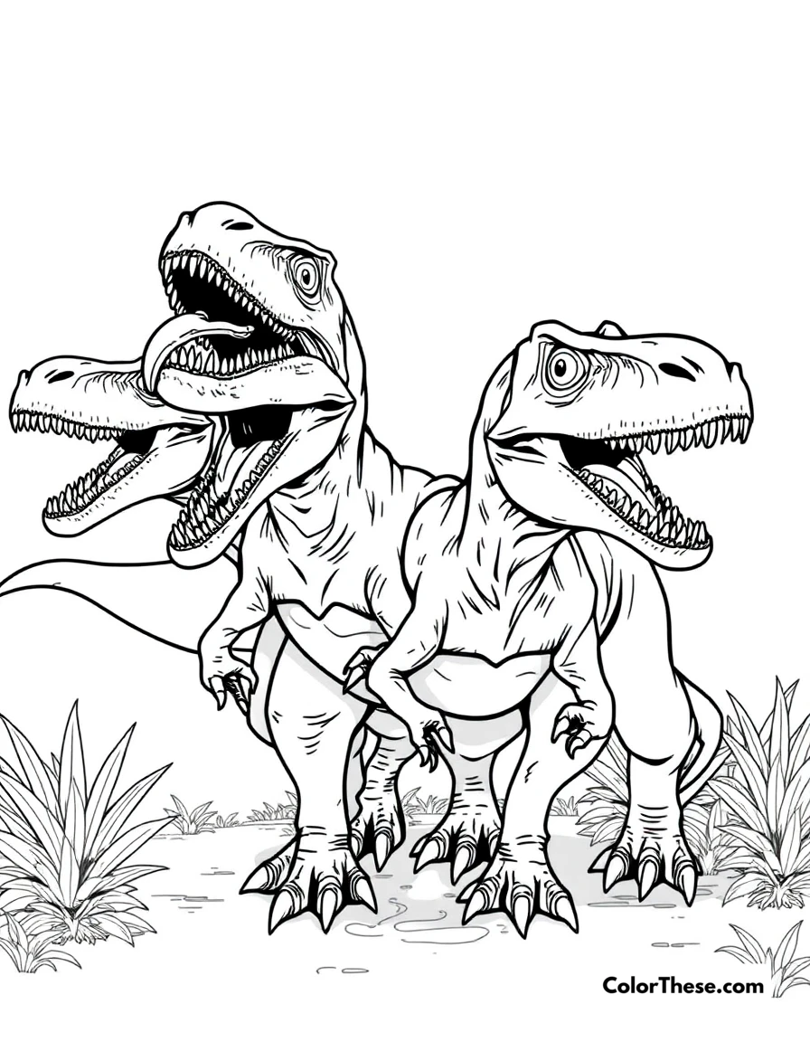 Free printable velociraptor pack coloring page for kids and adults. A group of clever Velociraptors hunting together.