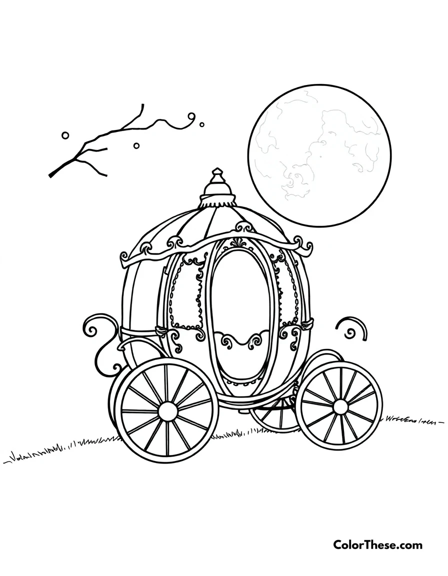 Free printable cinderella’s pumpkin carriage coloring page for kids and adults. Cinderella’s (Disney) pumpkin carriage under a full moon.