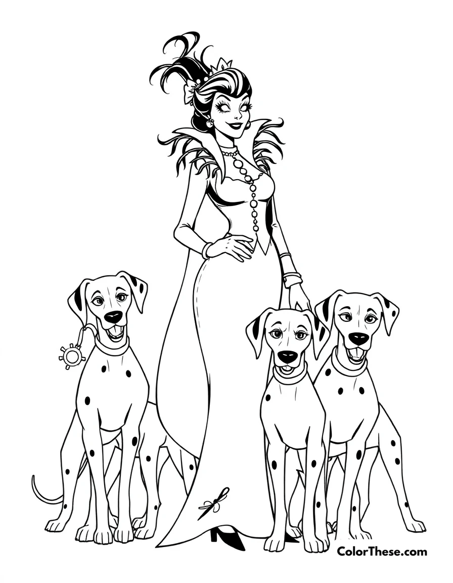 Free printable cruella de vil with her dalmatians coloring page for kids and adults. Cruella de Vil (Disney) standing with her Dalmatians.