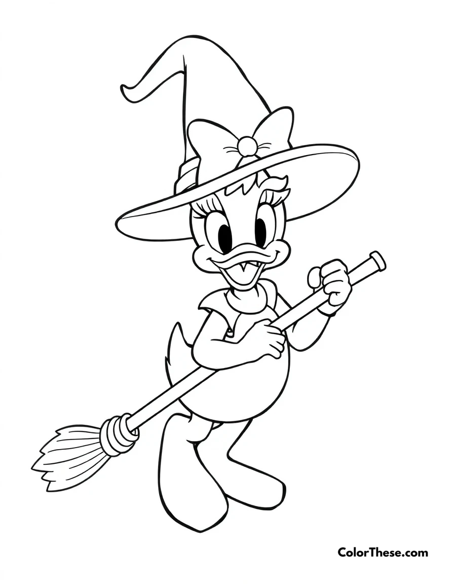 Free printable daisy duck as a witch coloring page for kids and adults. Daisy Duck (Disney) wearing a witch hat and holding a broomstick.