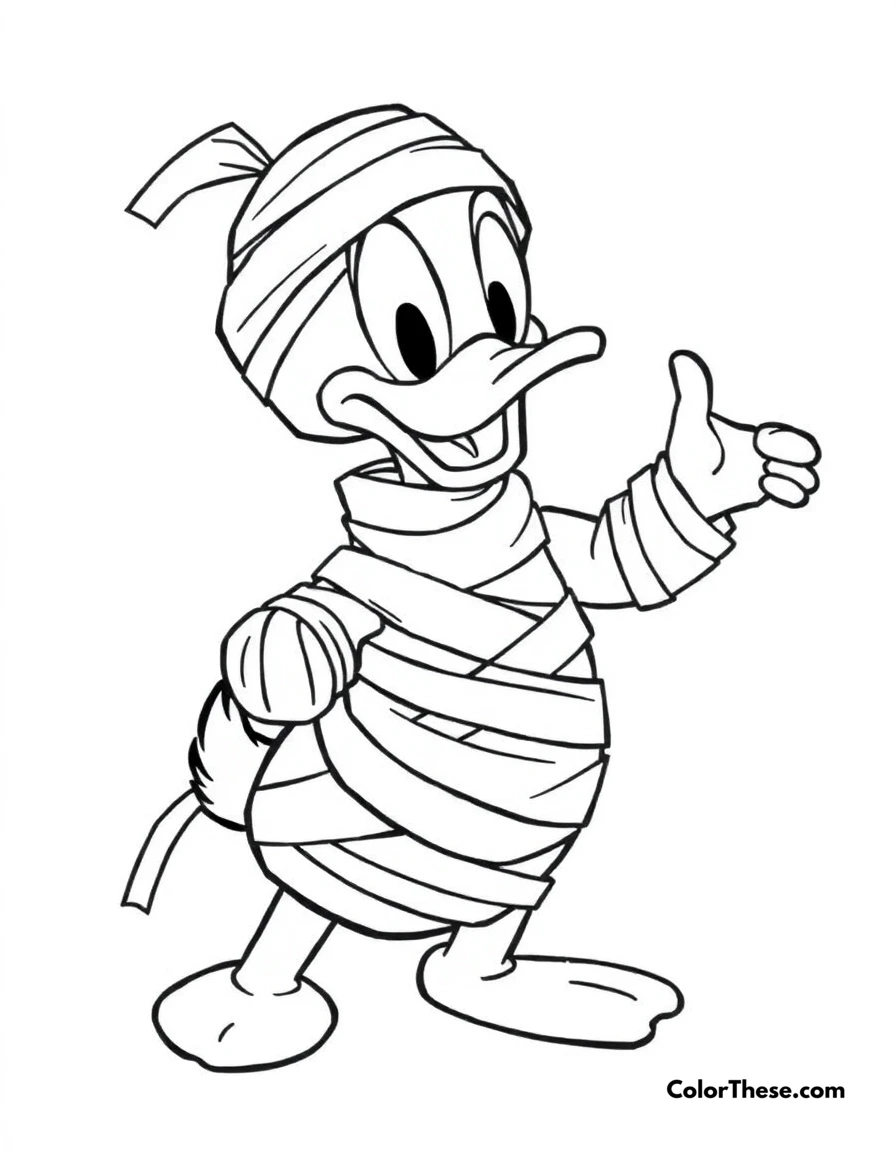 Free printable donald duck as a mummy coloring page for kids and adults. Donald Duck (Disney) wrapped in bandages like a mummy.