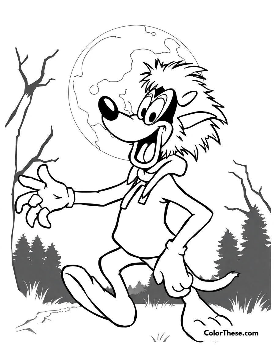 Free printable goofy as a werewolf coloring page for kids and adults. Goofy (Disney) dressed as a werewolf under a full moon.