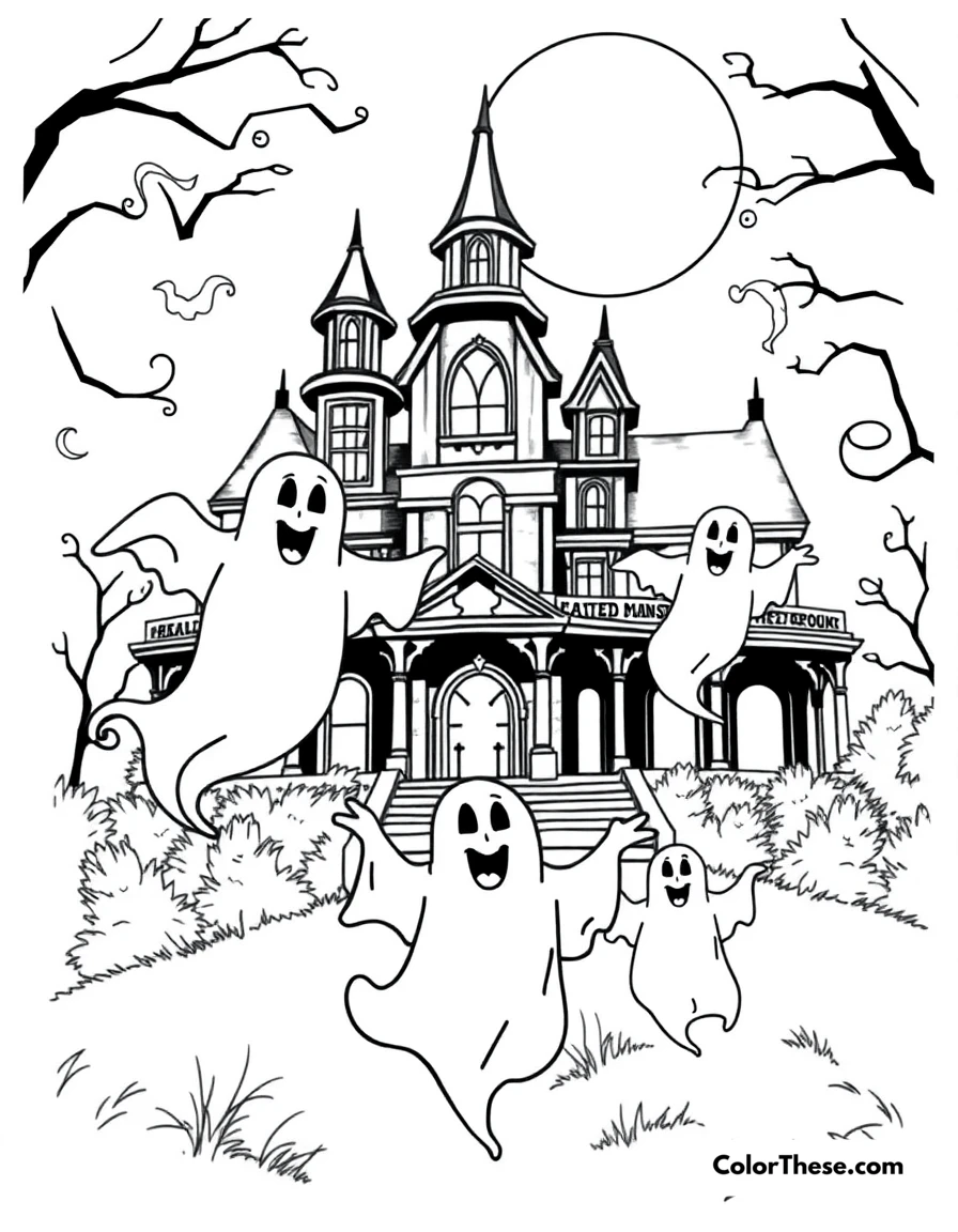 Free printable the haunted mansion ghosts coloring page for kids and adults. The Haunted Mansion ghosts (Disney) floating in the air.