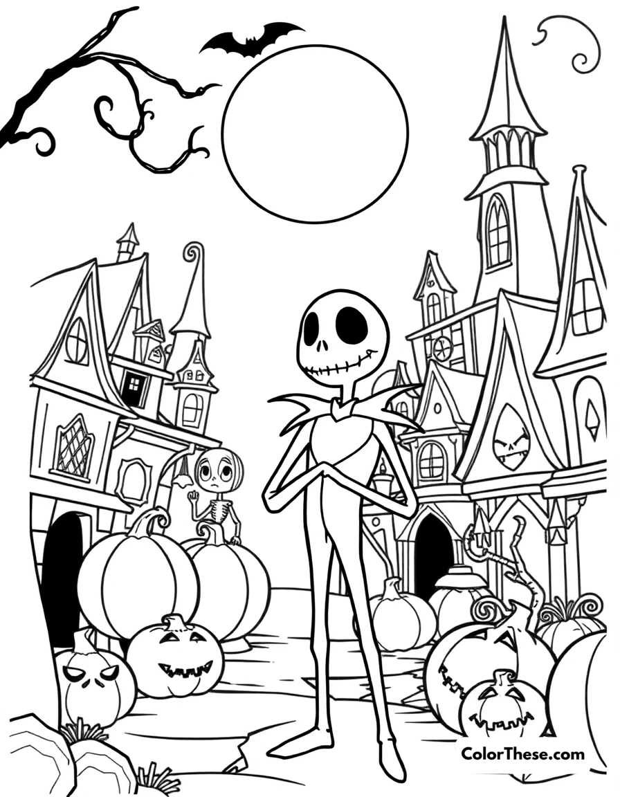 Free printable jack skellington in halloween town coloring page for kids and adults. Jack Skellington (Disney) standing in Halloween Town.
