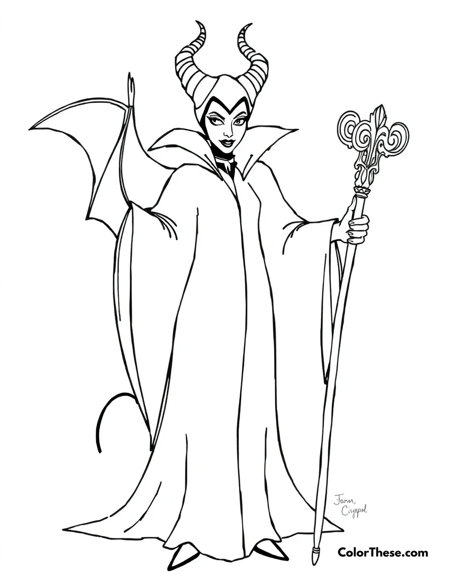 Free printable maleficent in her dark robes coloring page for kids and adults. Maleficent (Disney) standing in her dark robes with her staff.
