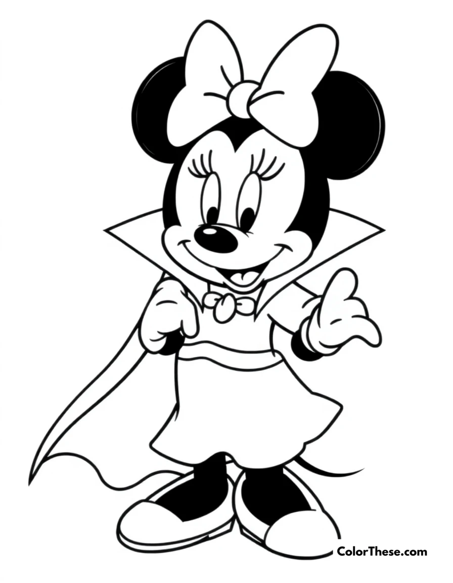 Free printable minnie mouse as a vampire coloring page for kids and adults. Minnie Mouse (Disney) dressed as a vampire with a flowing cape.
