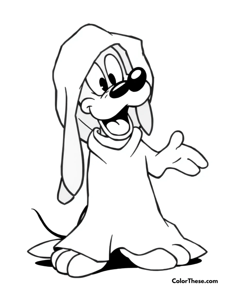 Free printable pluto in a ghost costume coloring page for kids and adults. Pluto (Disney) dressed as a ghost with a sheet over his head.