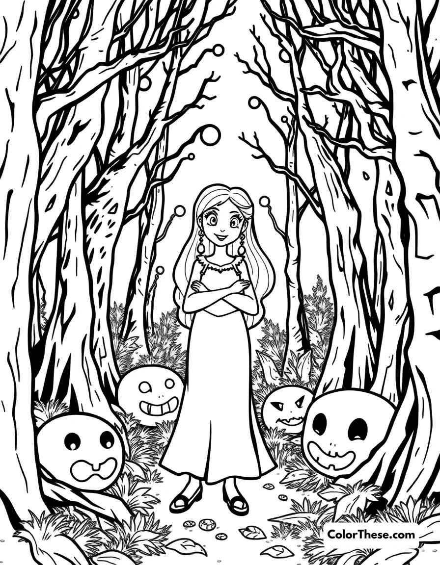 Free printable sally from the nightmare before christmas coloring page for kids and adults. Sally (Disney) standing in a spooky forest.