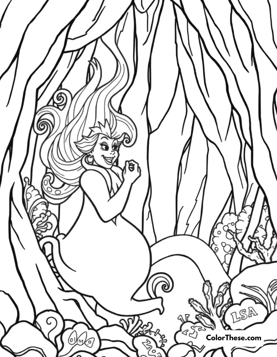 Free printable ursula the sea witch coloring page for kids and adults. Ursula (Disney) the Sea Witch in her underwater lair.