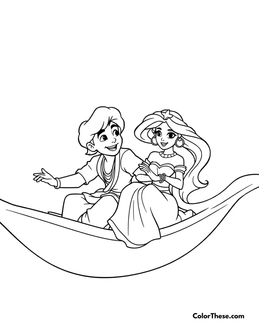 Free printable aladdin's magic carpet coloring page for kids and adults. Aladdin and Jasmine sharing a magical carpet ride.