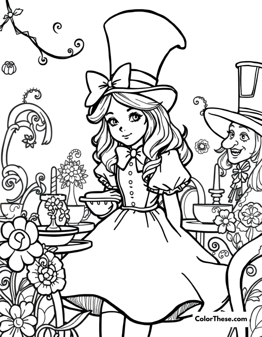 Free printable alice's tea party coloring page for kids and adults. Alice at the Mad Hatter's whimsical tea party.