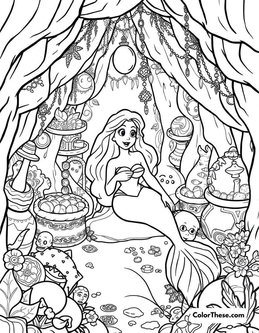 Free printable ariel's grotto coloring page for kids and adults. Ariel in her secret grotto filled with human treasures.