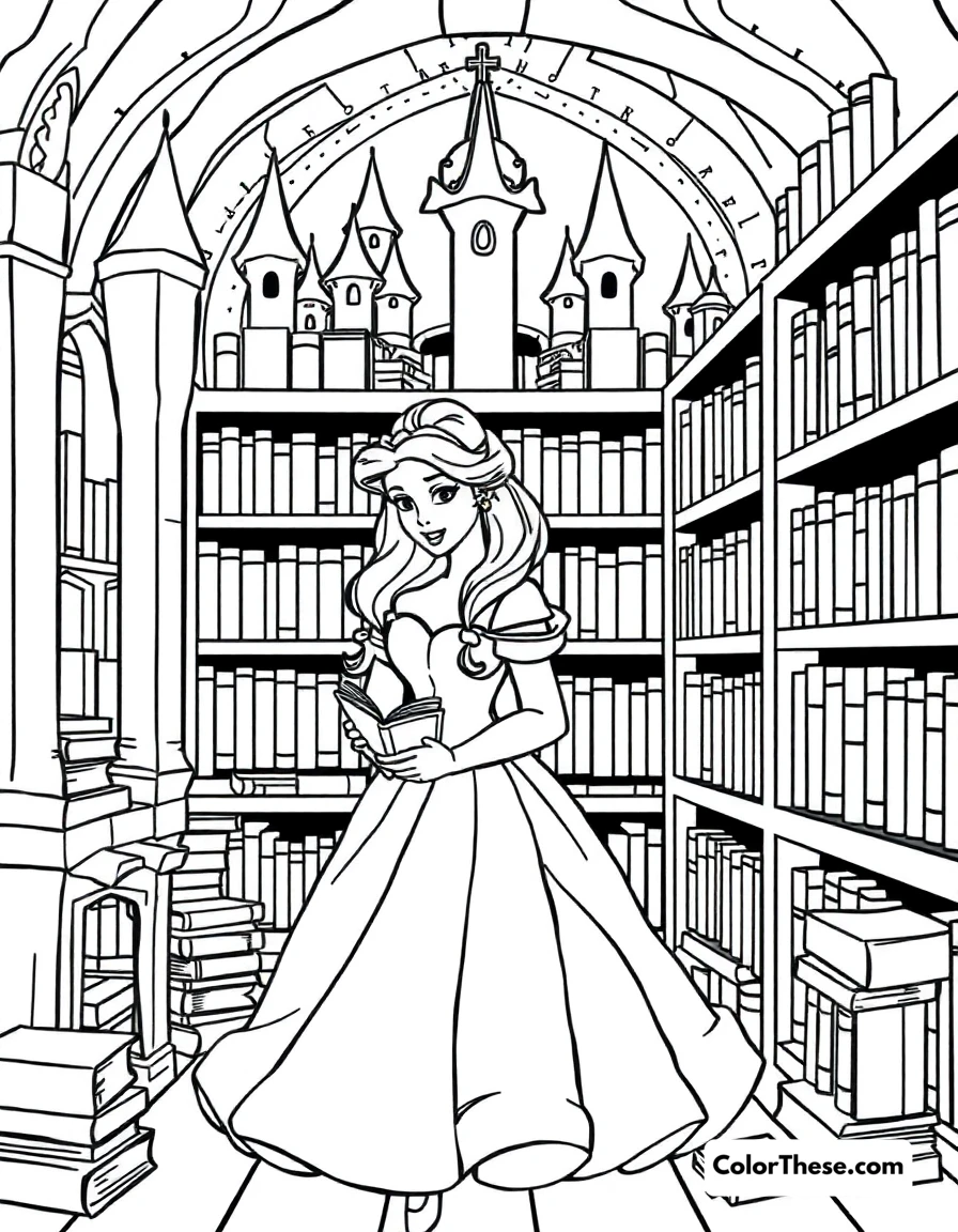 Free printable princess belle's library coloring page for kids and adults. Belle surrounded by her beloved books in the castle library.