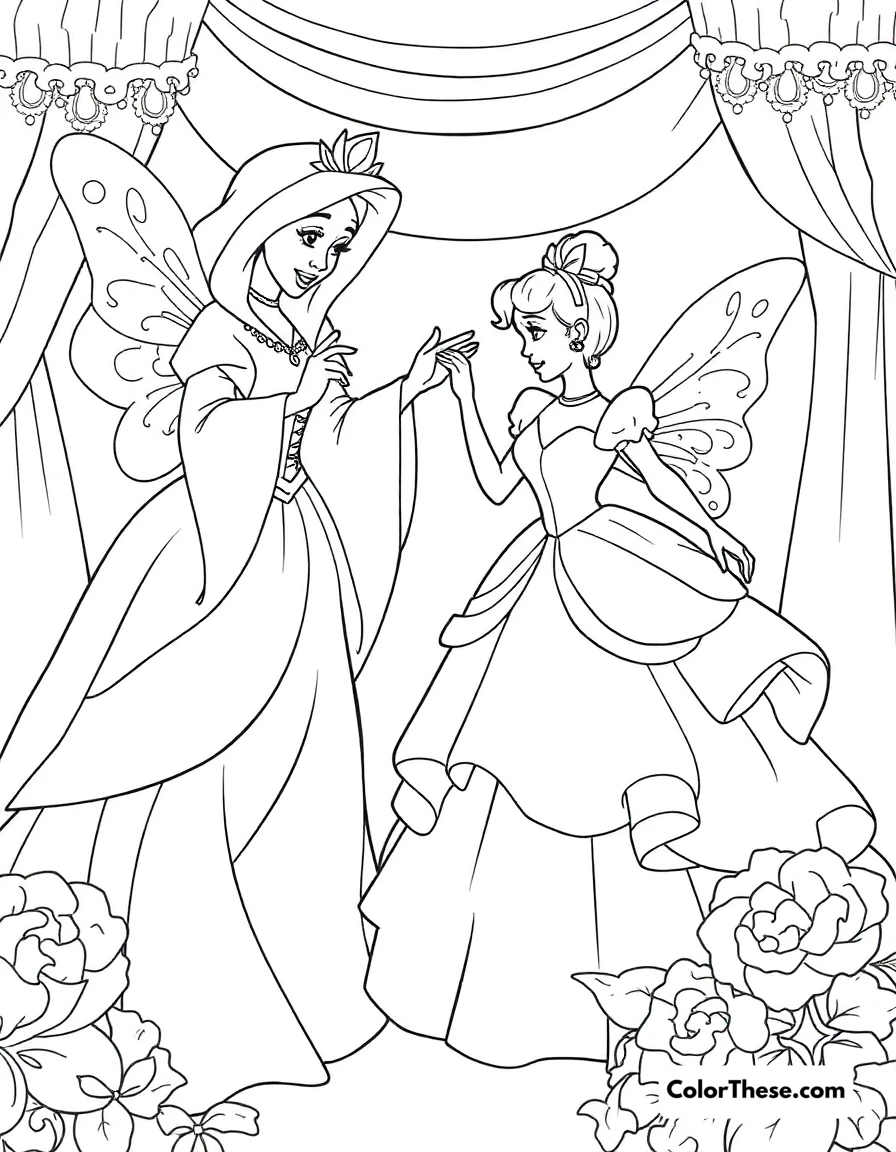 Free printable cinderella's transformation coloring page for kids and adults. The Fairy Godmother transforming Cinderella for the ball.