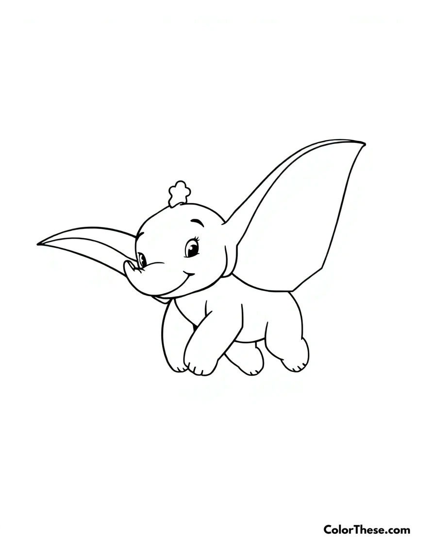 Free printable dumbo's first flight coloring page for kids and adults. Dumbo soaring through the air with his magical ears.