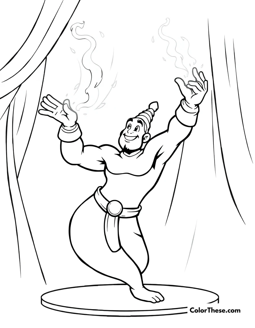Free printable genie's magic coloring page for kids and adults. Genie performing his spectacular magical entertainment.