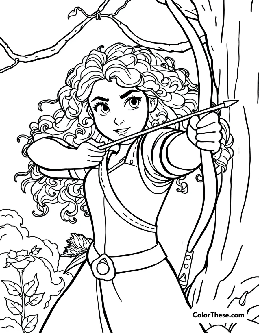 Free printable merida's archery coloring page for kids and adults. Merida demonstrating her exceptional archery skills.