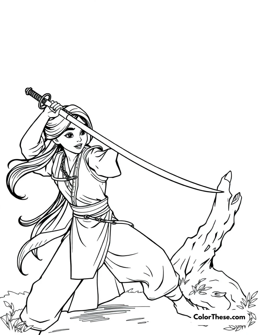 Free printable mulan's training coloring page for kids and adults. Mulan practicing with her sword during training.
