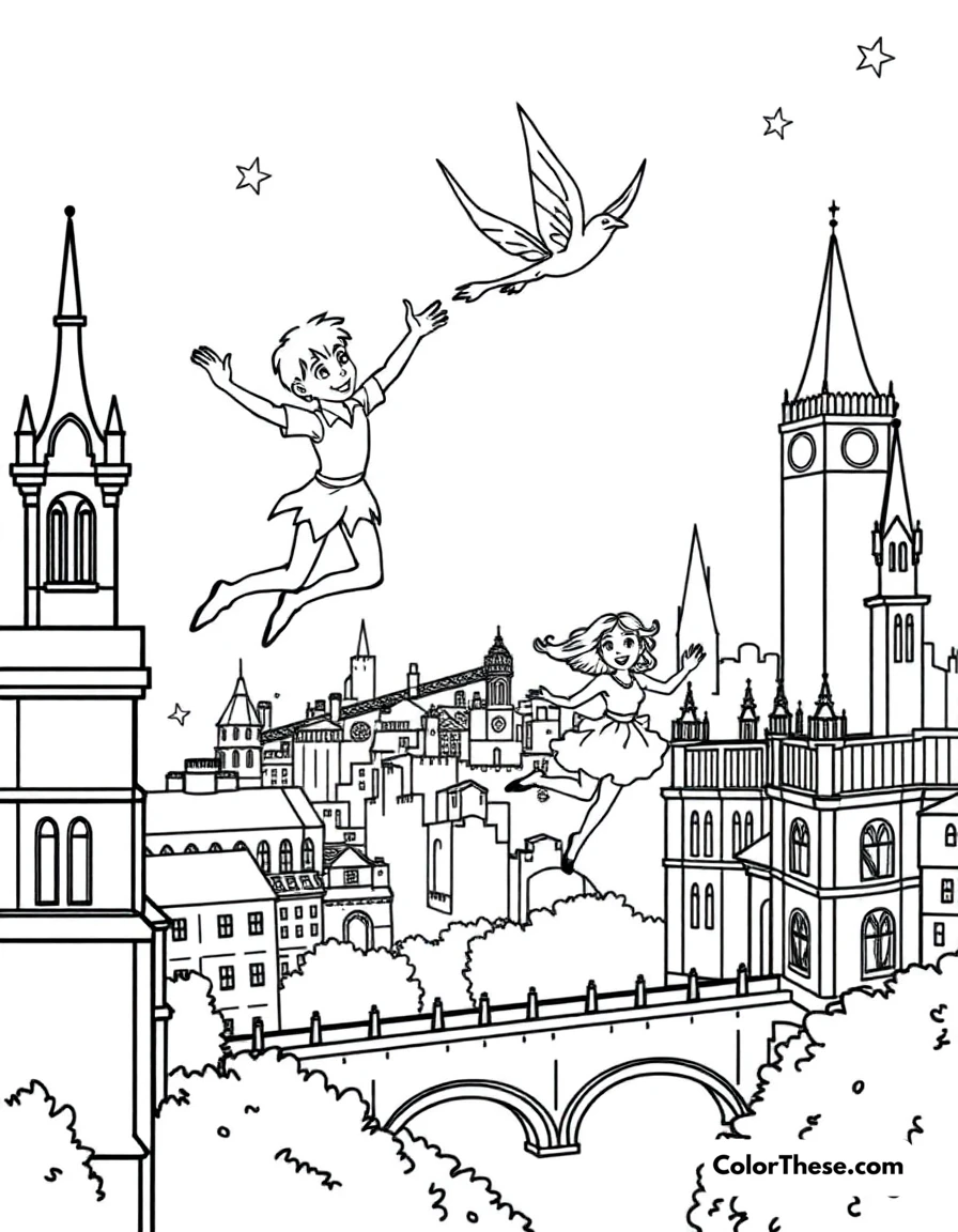 Free printable peter pan's flight coloring page for kids and adults. Peter Pan and the Darling children flying over London.