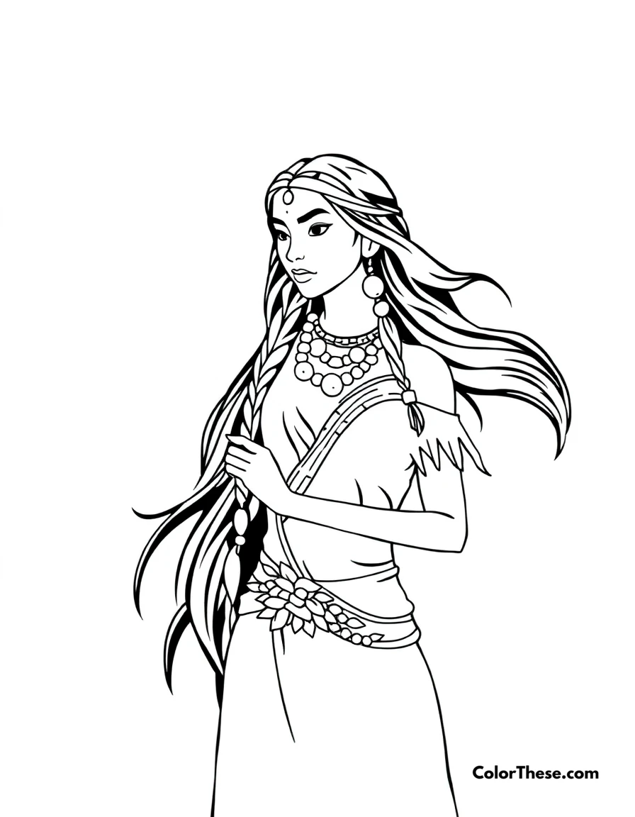 Free printable pocahontas and nature coloring page for kids and adults. Pocahontas connecting with the colors of the wind.
