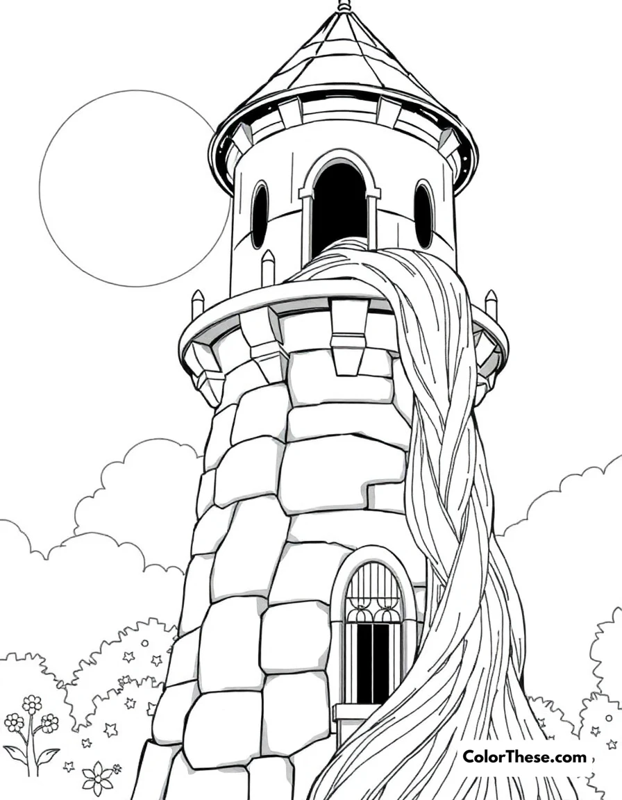 Free printable rapunzel's tower coloring page for kids and adults. Rapunzel letting down her magical golden hair from her tower.