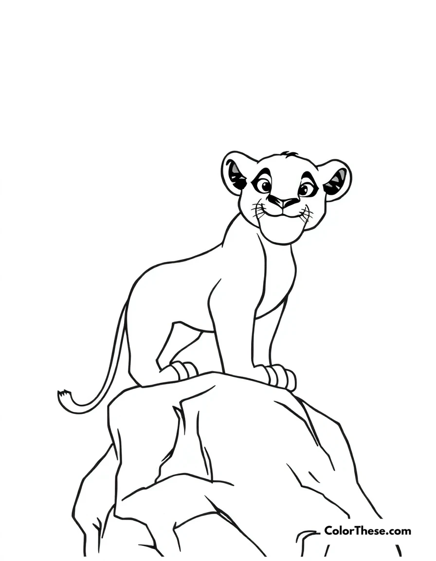 Free printable simba's pride rock coloring page for kids and adults. Young Simba standing proudly on Pride Rock.