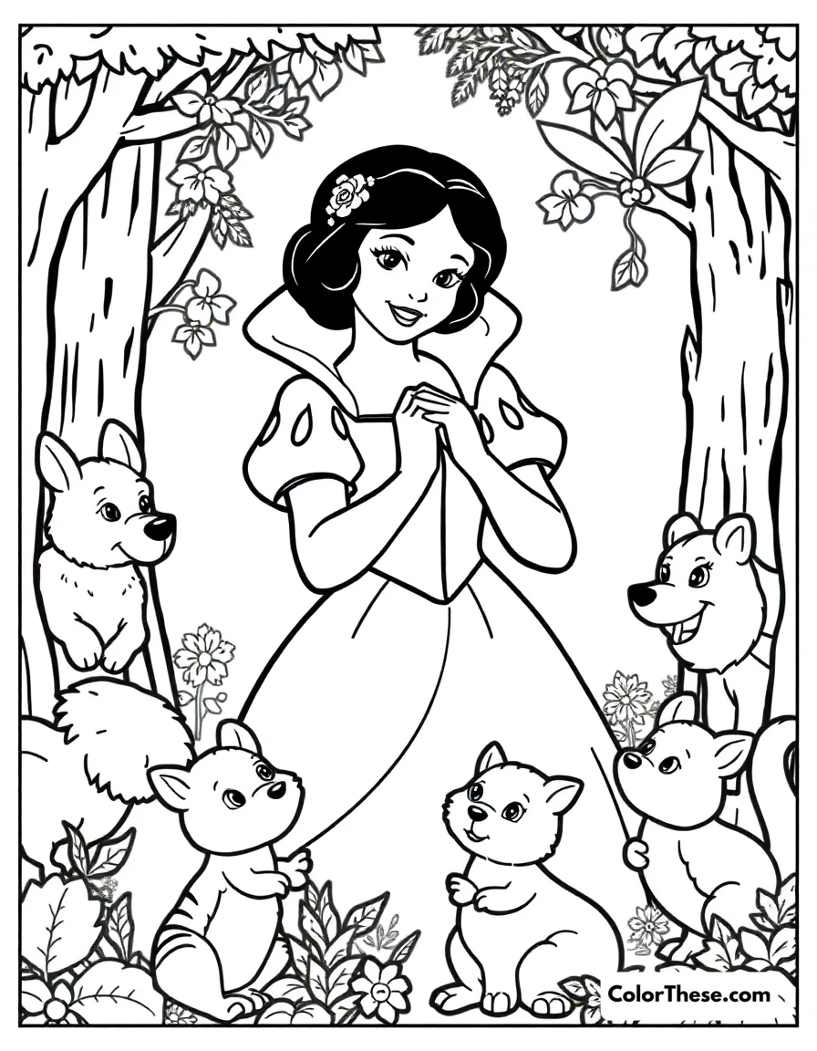 Free printable snow white's forest friends coloring page for kids and adults. Snow White surrounded by her helpful forest animal friends.