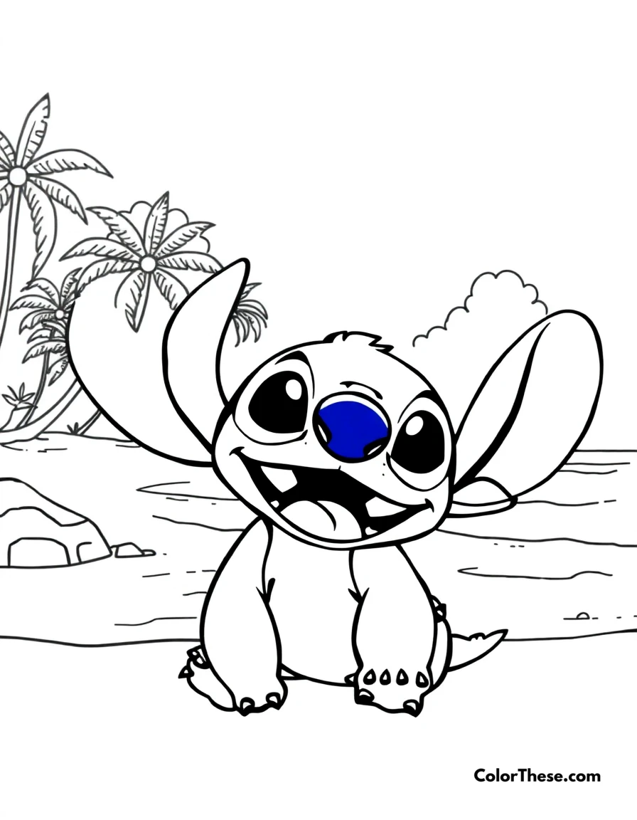 Free printable stitch's beach day coloring page for kids and adults. Stitch enjoying a sunny day at the Hawaiian beach.