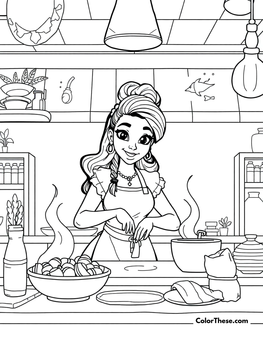 Free printable tiana's restaurant coloring page for kids and adults. Tiana cooking up something special in her dream restaurant.