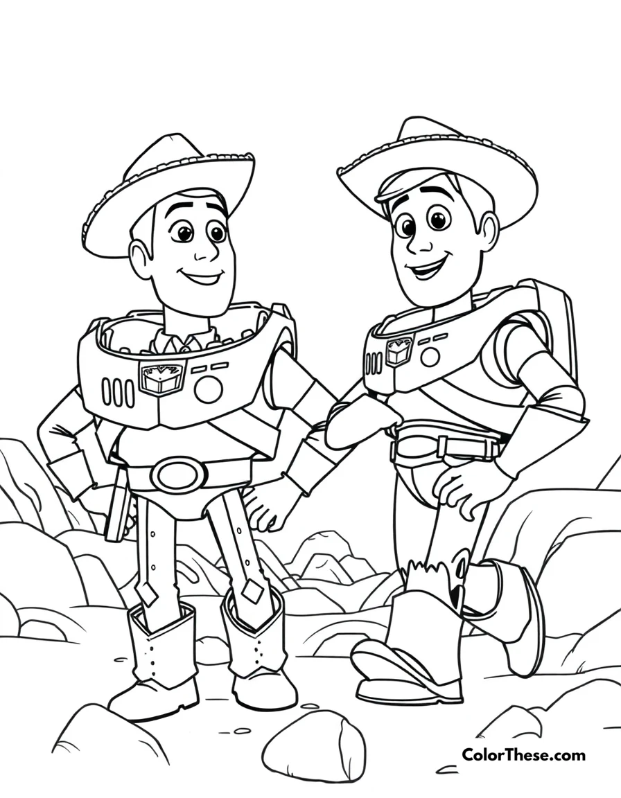 Free printable woody and buzz's adventure coloring page for kids and adults. Woody and Buzz Lightyear on another toy adventure.