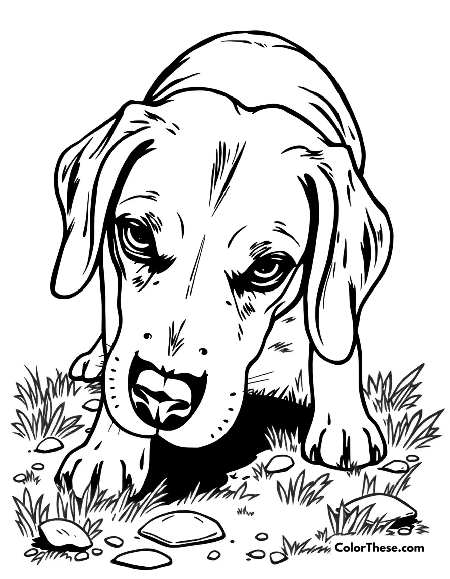 Free printable beagle coloring page for kids and adults. A Beagle sniffing the ground with its floppy ears.