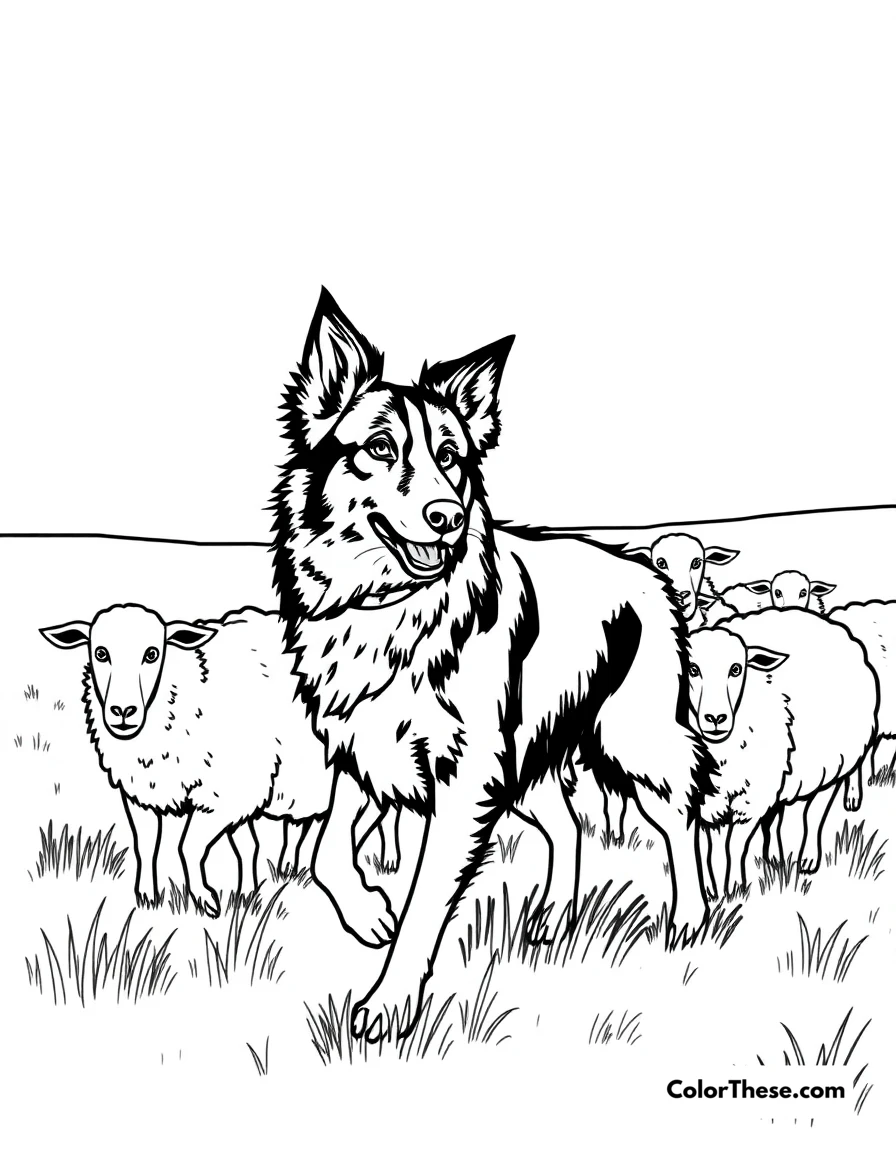 Free printable border collie coloring page for kids and adults. A Border Collie herding sheep in a field.