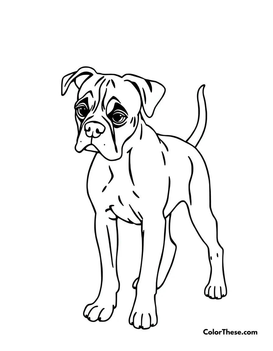Free printable boxer coloring page for kids and adults. A Boxer with a playful stance and a wagging tail.