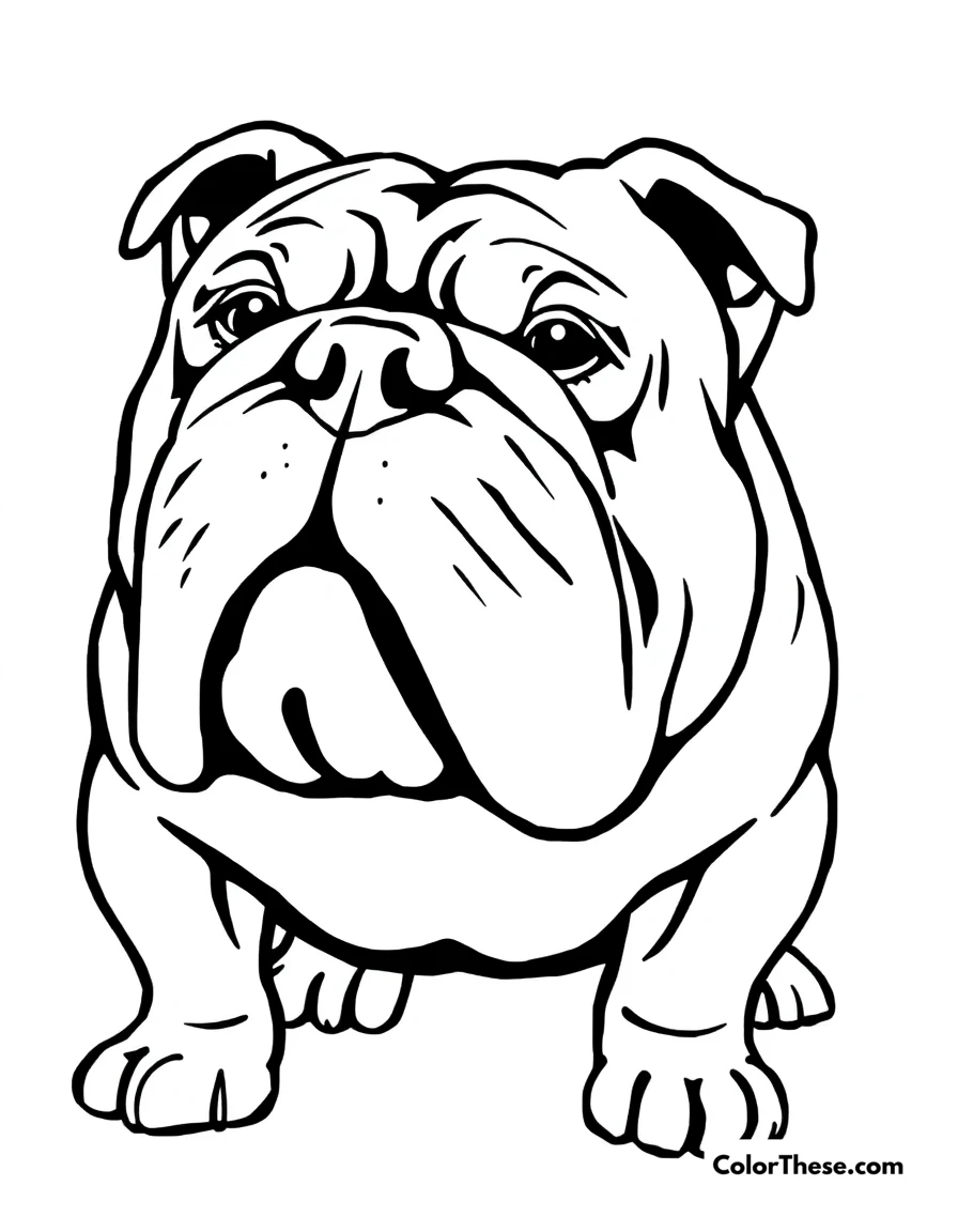 Free printable bulldog coloring page for kids and adults. A Bulldog with its wrinkled face and strong build.